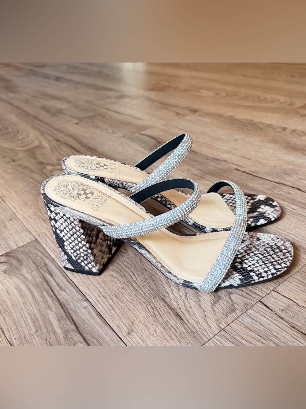 Vince Camuto Magaly Sandals Block Heel Rhinestones Snake Print Size 7 1/2